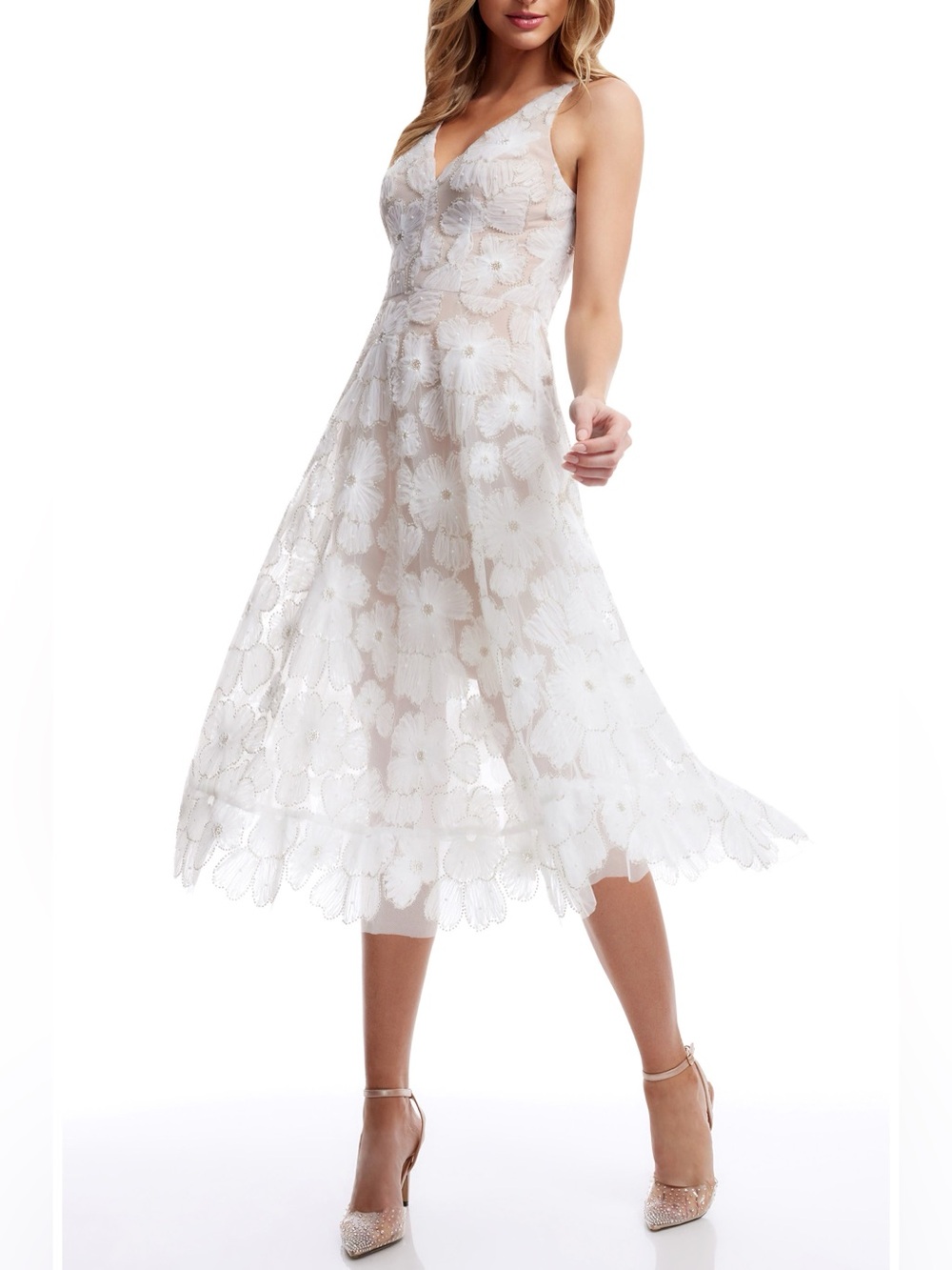Dress the population size M BLAIR BEADED FLORAL COCKTAIL MIDI DRESS IN WHITE